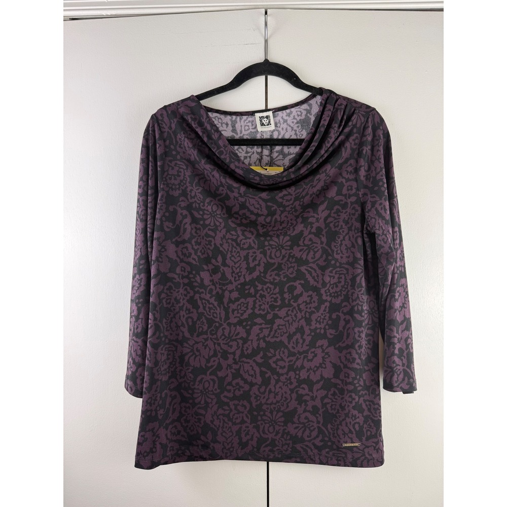 Anne Klein Womens M Black‎ Deep Plum Floral Cowl Neck 3/4 Sleeve Top